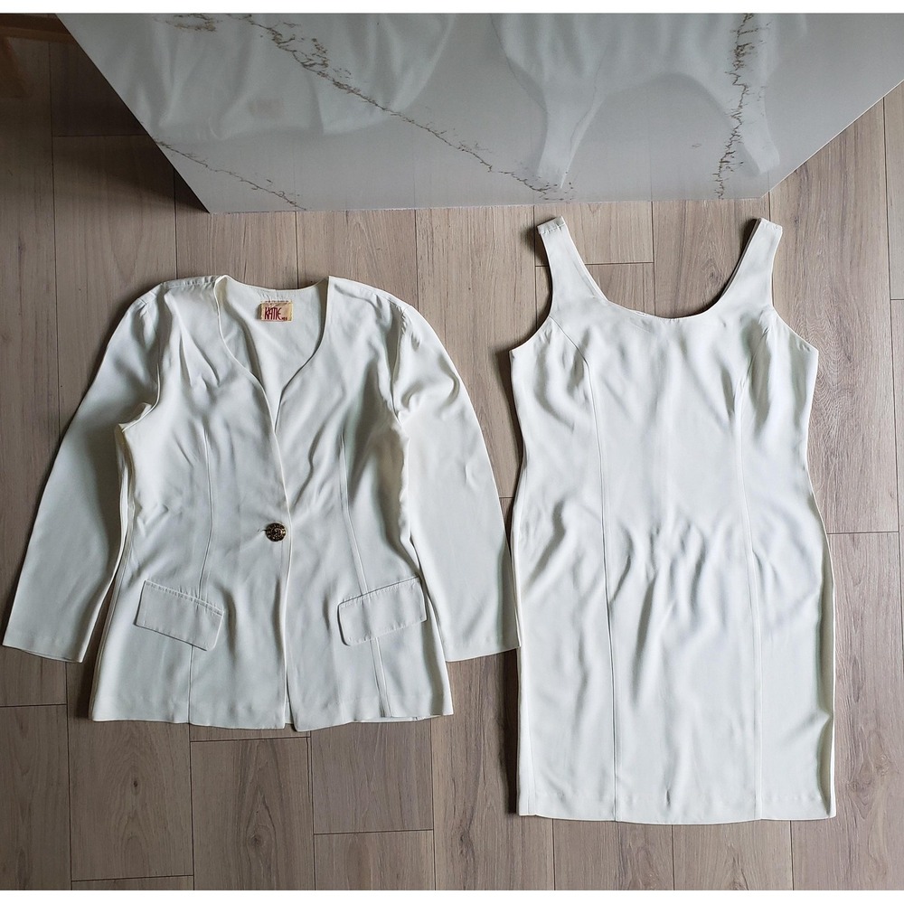 Vintage Katie Dress Suit Set Womens M White Sheath Jacket 2Pc Union Made Wedding